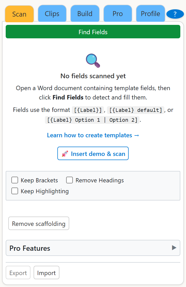 The Template Helper task pane in Microsoft Word, showing the Scan tab with a Find Fields button and guidance on the [{Label}] field format.
